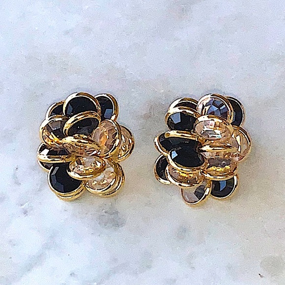 SWAROVSKI EARRINGS CLEAR & BLACK FACETED CRYSTAL GOLD MARKED SWAN CLIP VINTAGE - Picture 9 of 14
